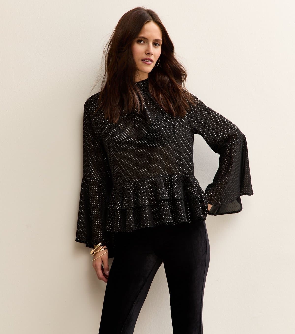 New Look Women's Black Metallic Detail High Neck Blouse New Look
