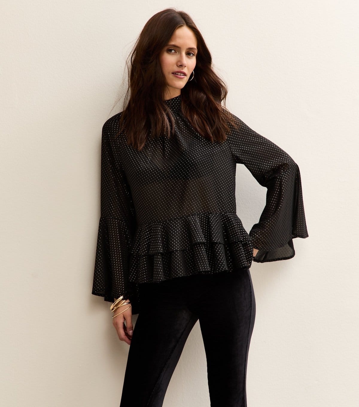 New Look Black Metallic Detail High Neck Blouse