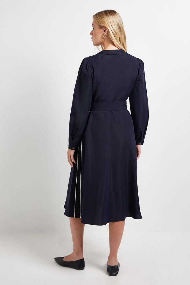 Wallis Wallis Women's Petite Side Stripe Tie Waist Midi Dress in Navy - 3