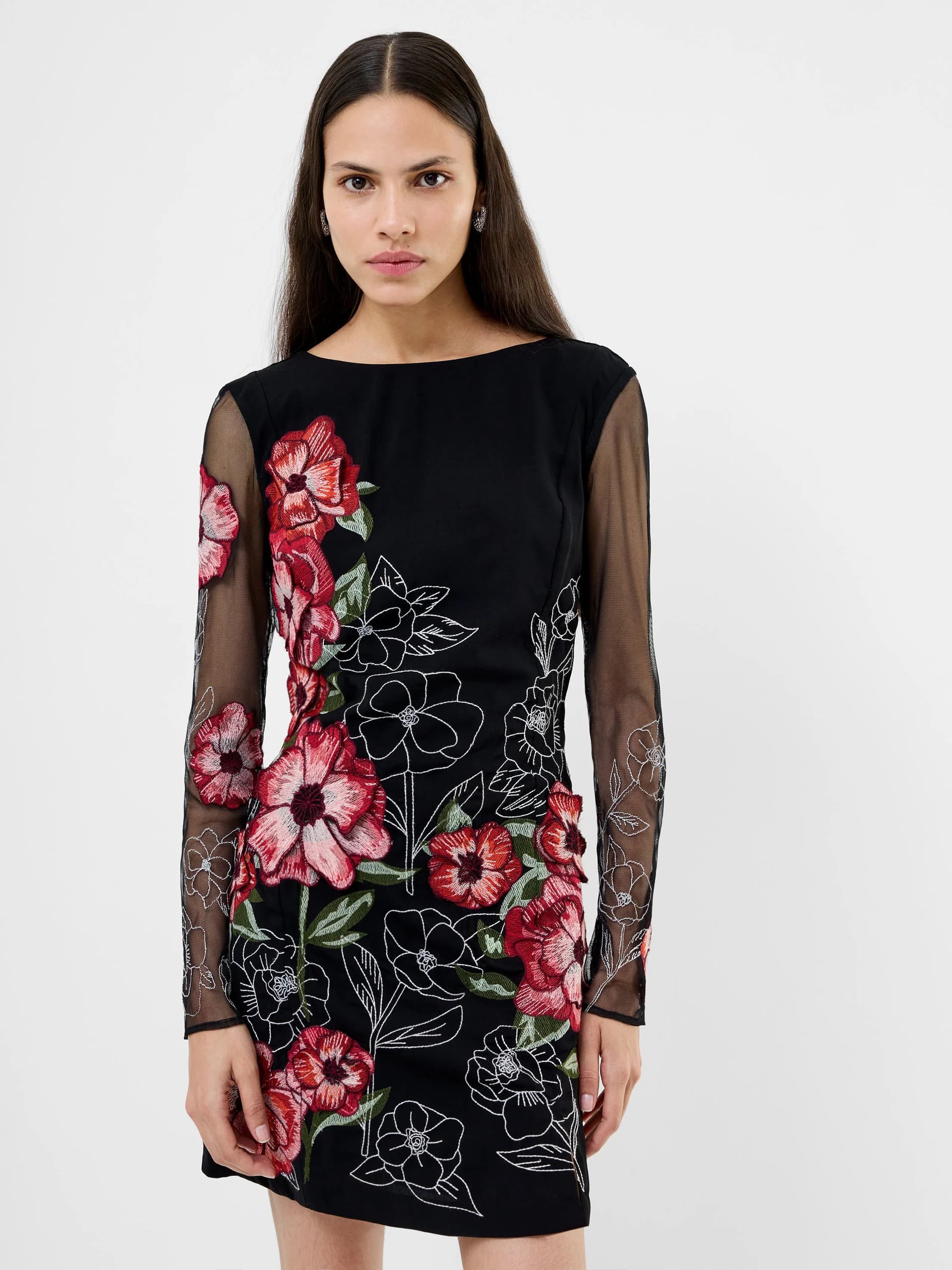 French Connection Astrida Darcy Crepe Embroidered Mini Dress Black Floral Multicoloured