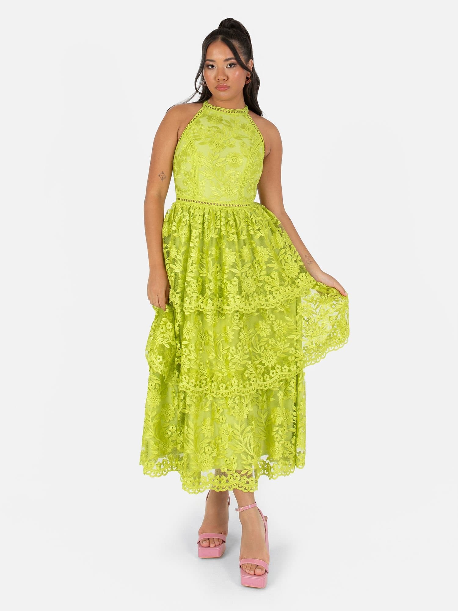 Maya Deluxe Maya Deluxe Women's Halter Neck Tiered Lace Midi Dress in Green