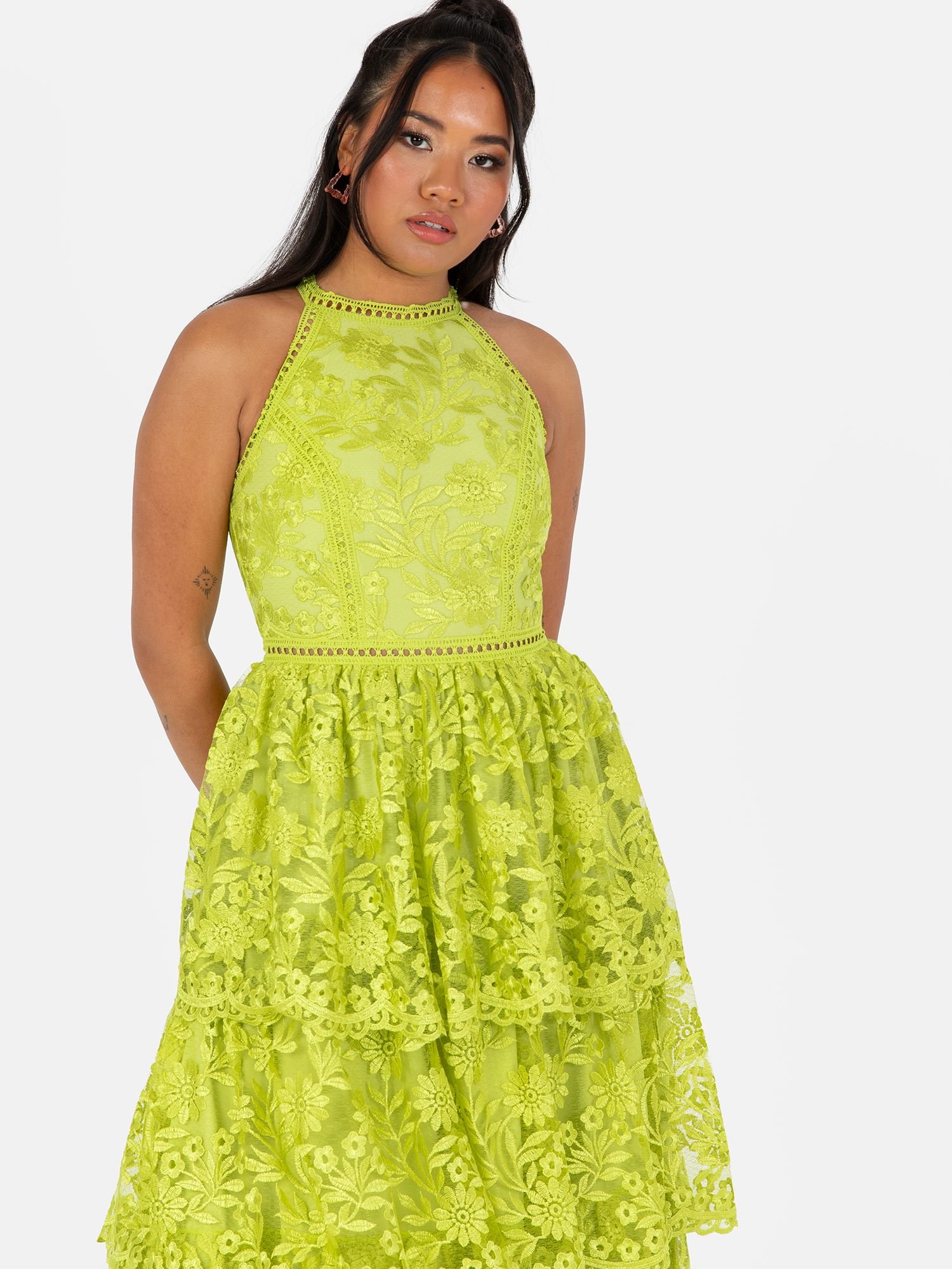 Maya Deluxe Maya Deluxe Women's Halter Neck Tiered Lace Midi Dress in Green - 2