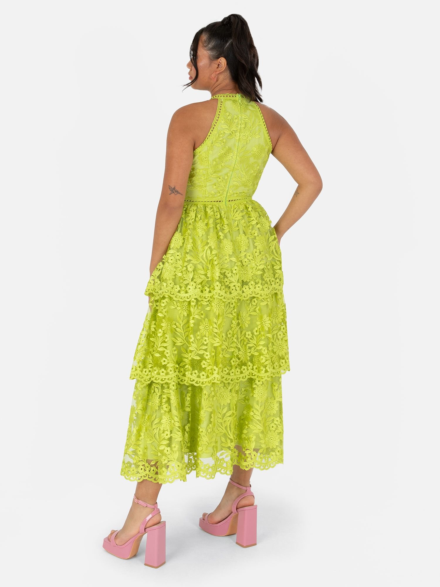 Maya Deluxe Maya Deluxe Women's Halter Neck Tiered Lace Midi Dress in Green - 3