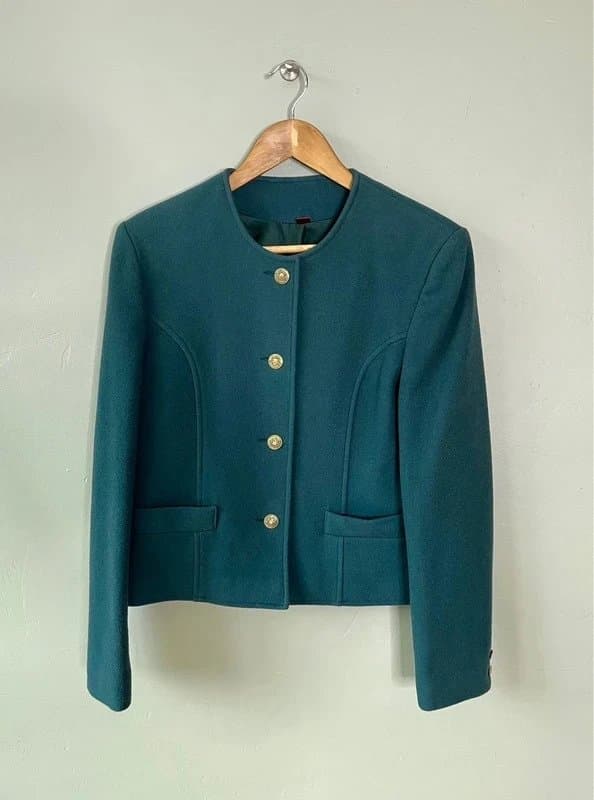 Vintage Dressing Pitlochry Jacket Blazer 12 Teal Green 100% Pure Wool Gold Buttons Vintage Made in UK VGC
