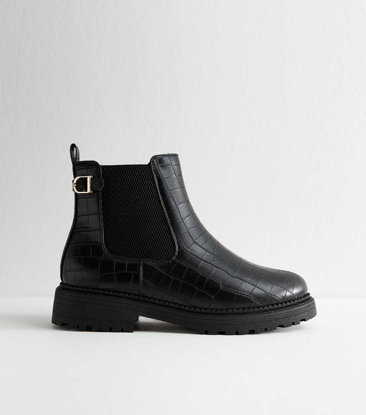 New Look Women's Wide Fit Black Crocodile Effect Leather Ankle Boots Vegan New Look