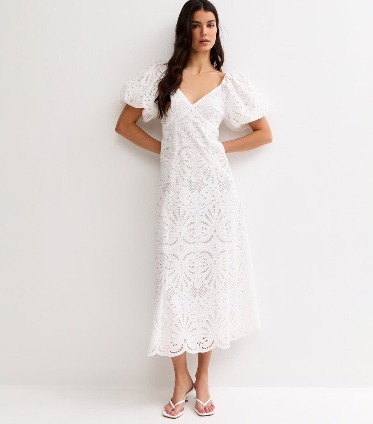 New Look Women's White Cutwork Tie Back Midi Dress New Look
