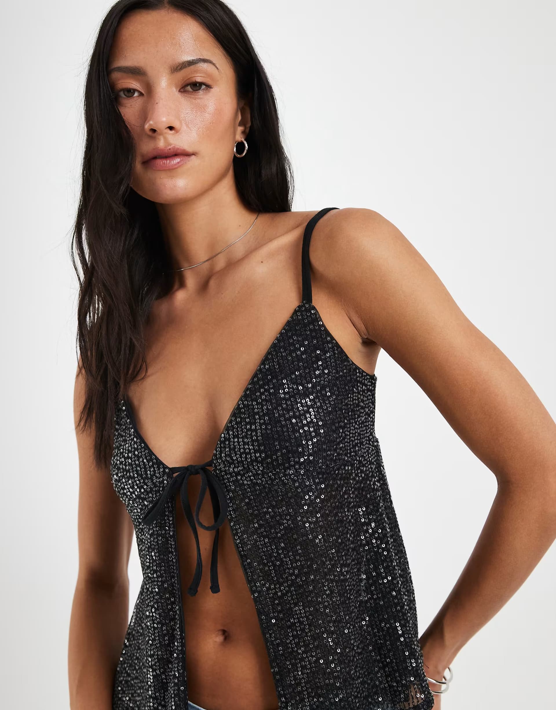 ASOS Hollister shimmery tie front babydoll cami in black