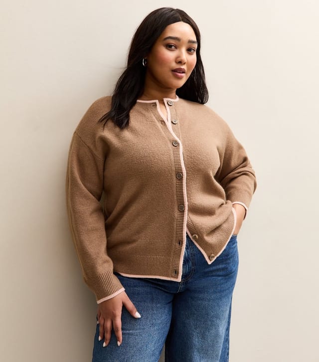 New Look Women's Plus Size Brown Contrast Tipping Cardigan Curves New Look - 2
