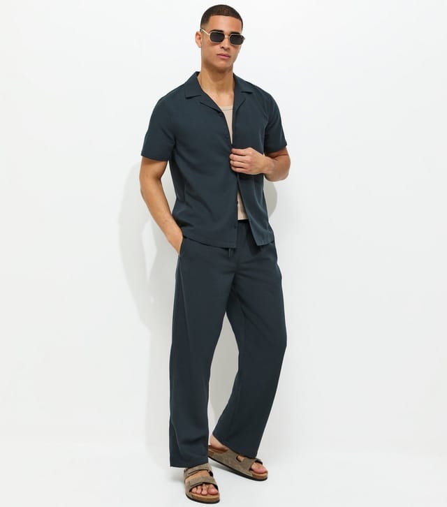 New Look Men's Navy Relaxed Linen Look Wide Leg Trousers New Look - 3