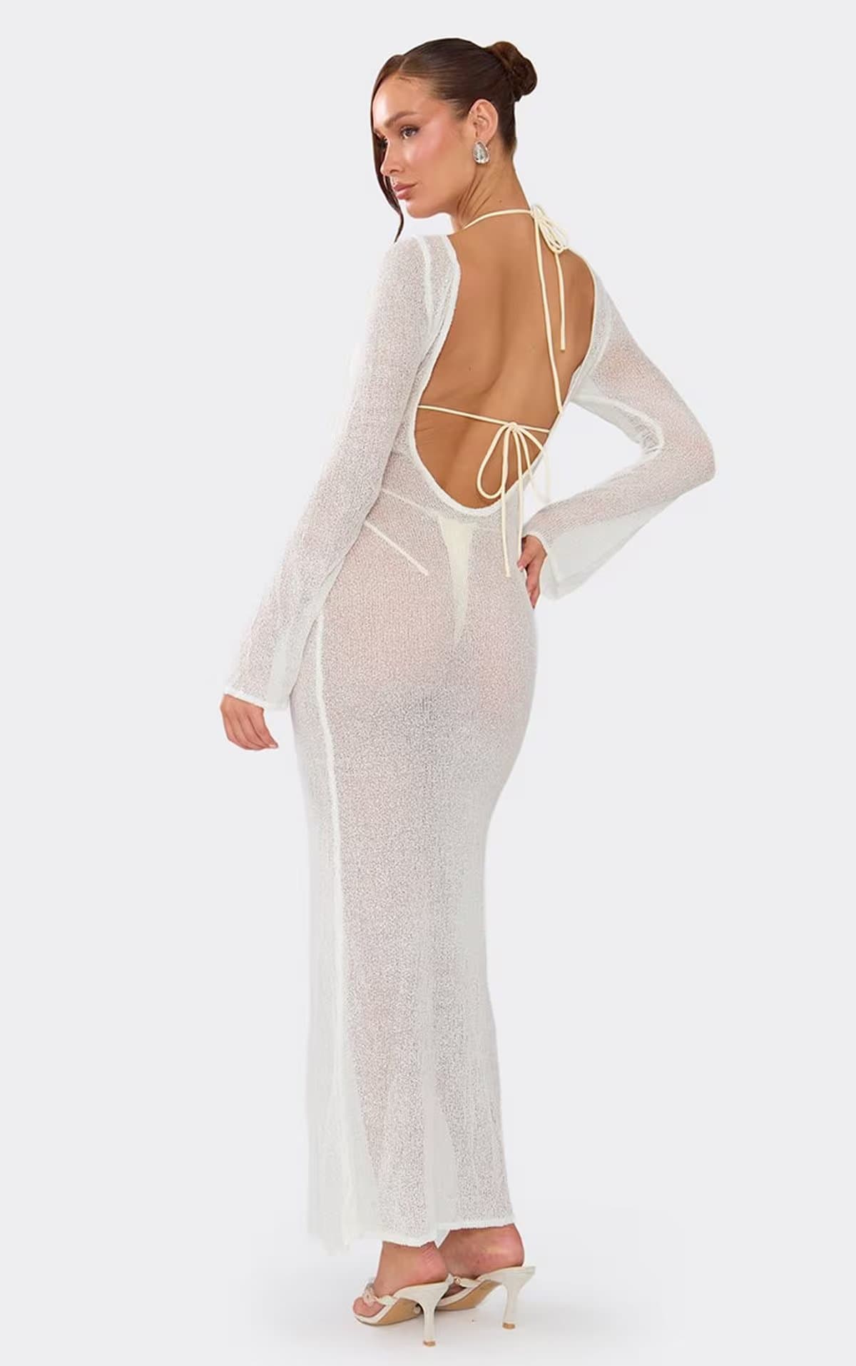 EGO Long Sleeve Scoop Back Maxi Dress In White Fine Knit., Women's Size UK L