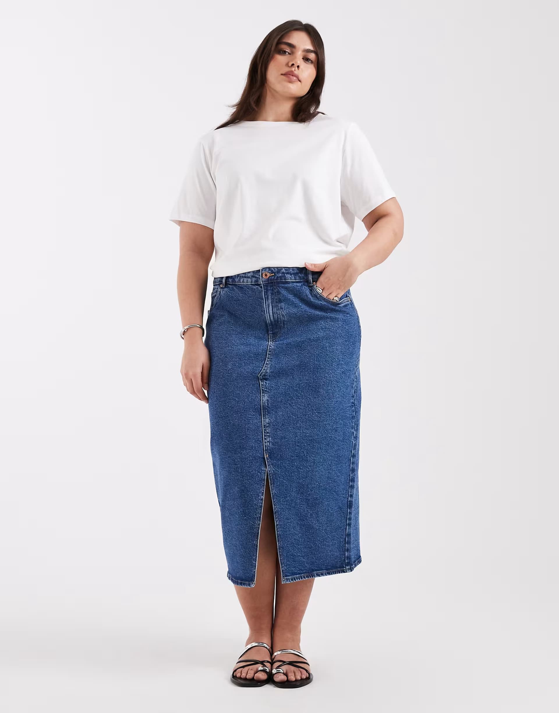 ASOS Vero Moda Curve split front denim midi skirt in medium blue wash
