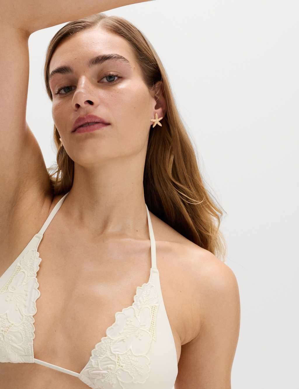 Marks & Spencer M&S Floral Embroidered Triangle Bikini Top Ivory