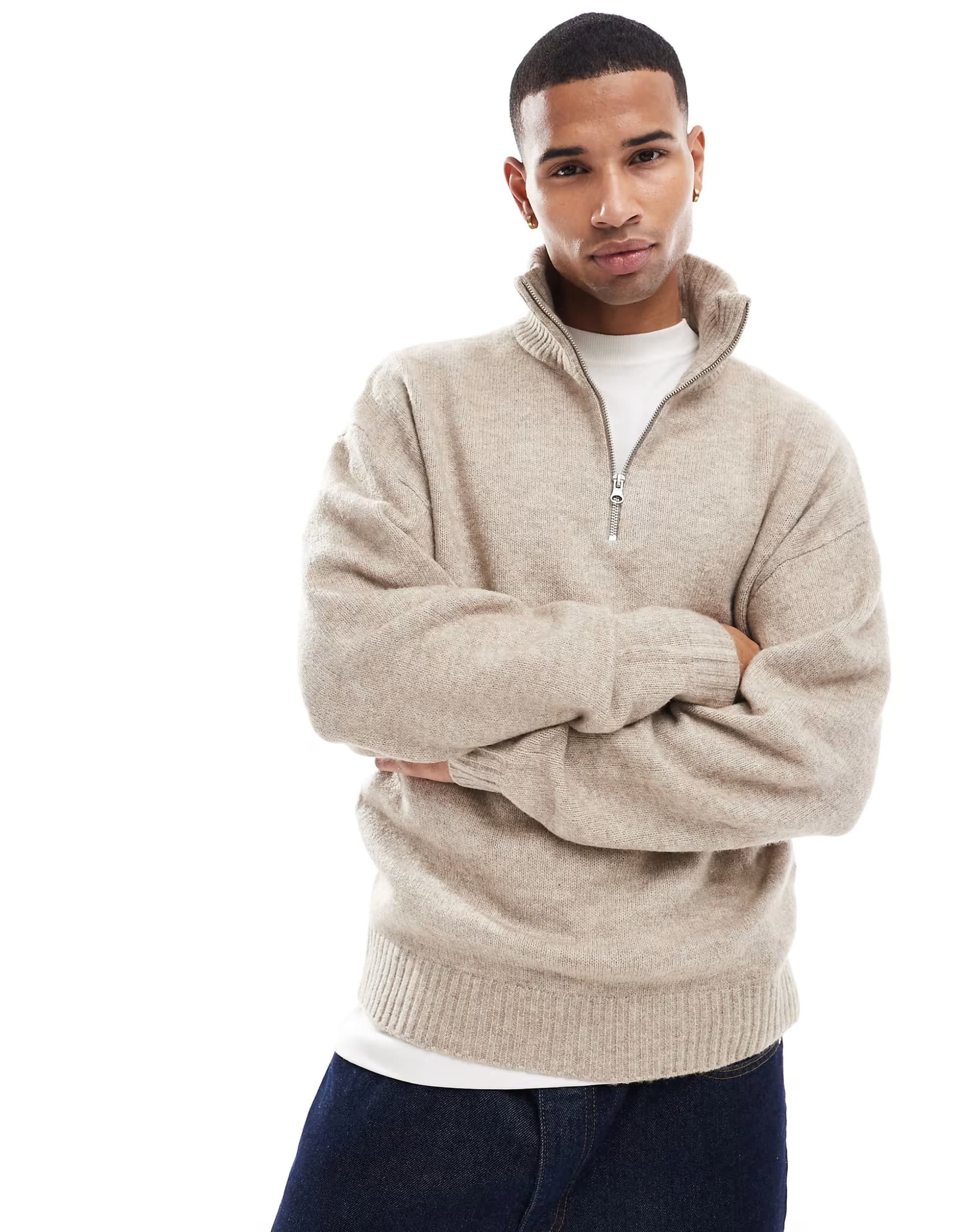 ASOS Jack & Jones oversized fluffy half zip in beige