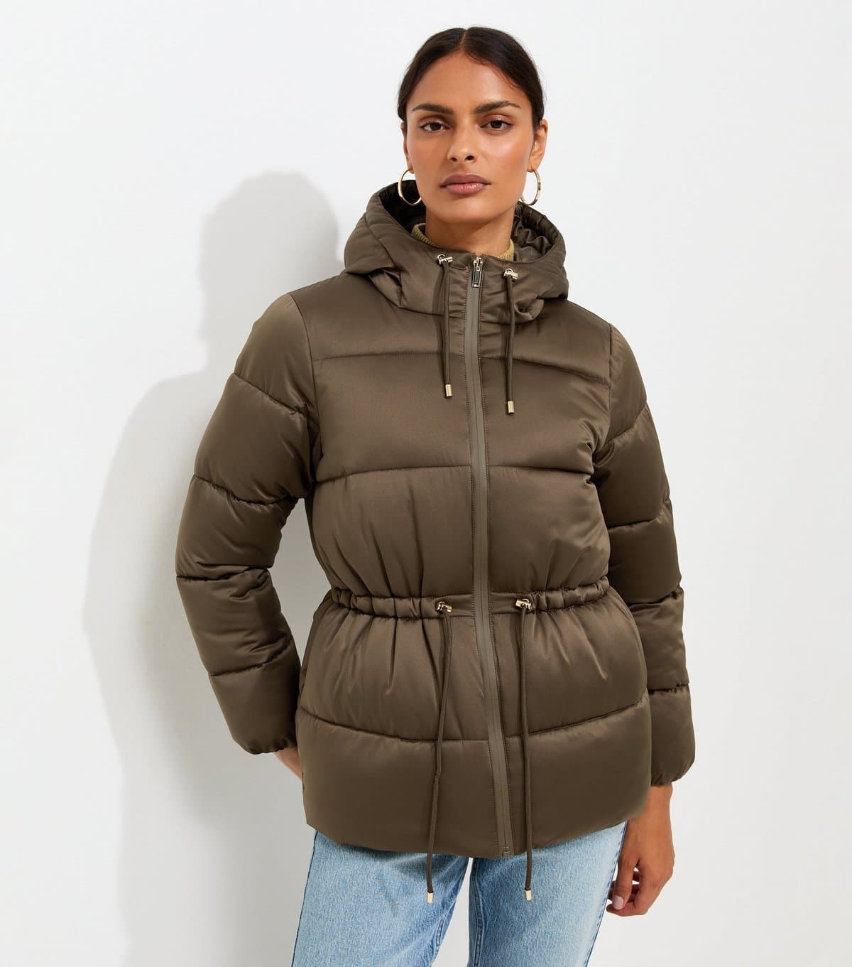 New Look Women's Dark Khaki Drawstring Waist Quilted Puffer Jacket New Look