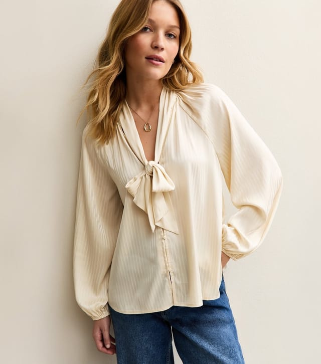 New Look Women's Cream Striped Pussybow Neck Blouse New Look - 3