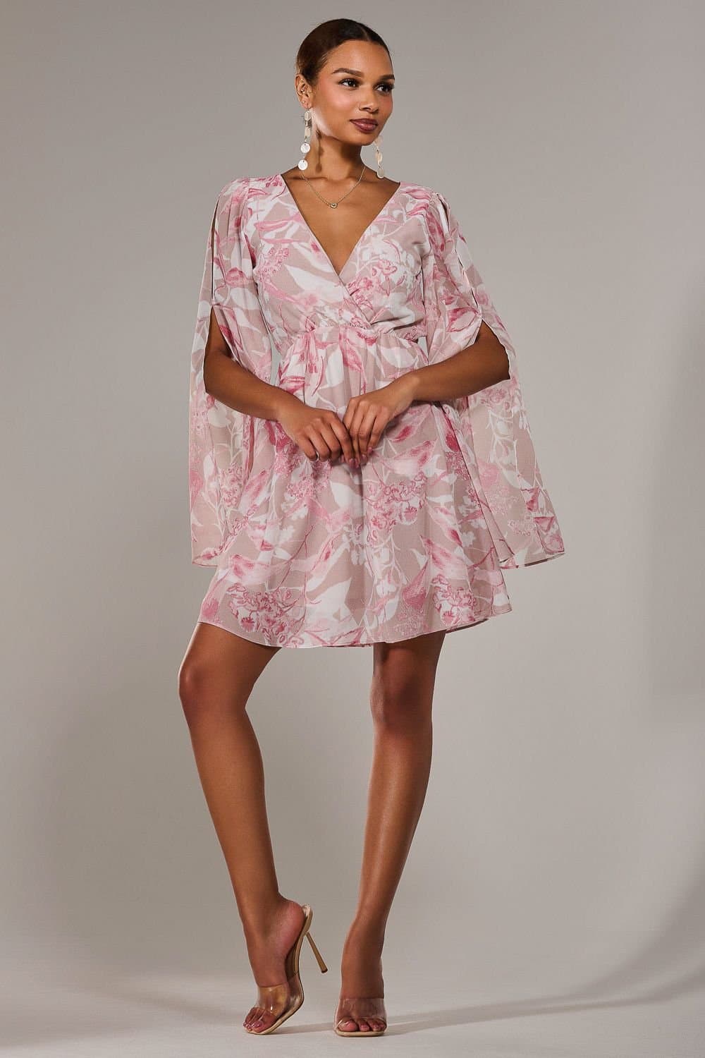 Jolie Moi Jolie Moi Women's Chiffon Split Sleeve Mini Dress in Light Pink