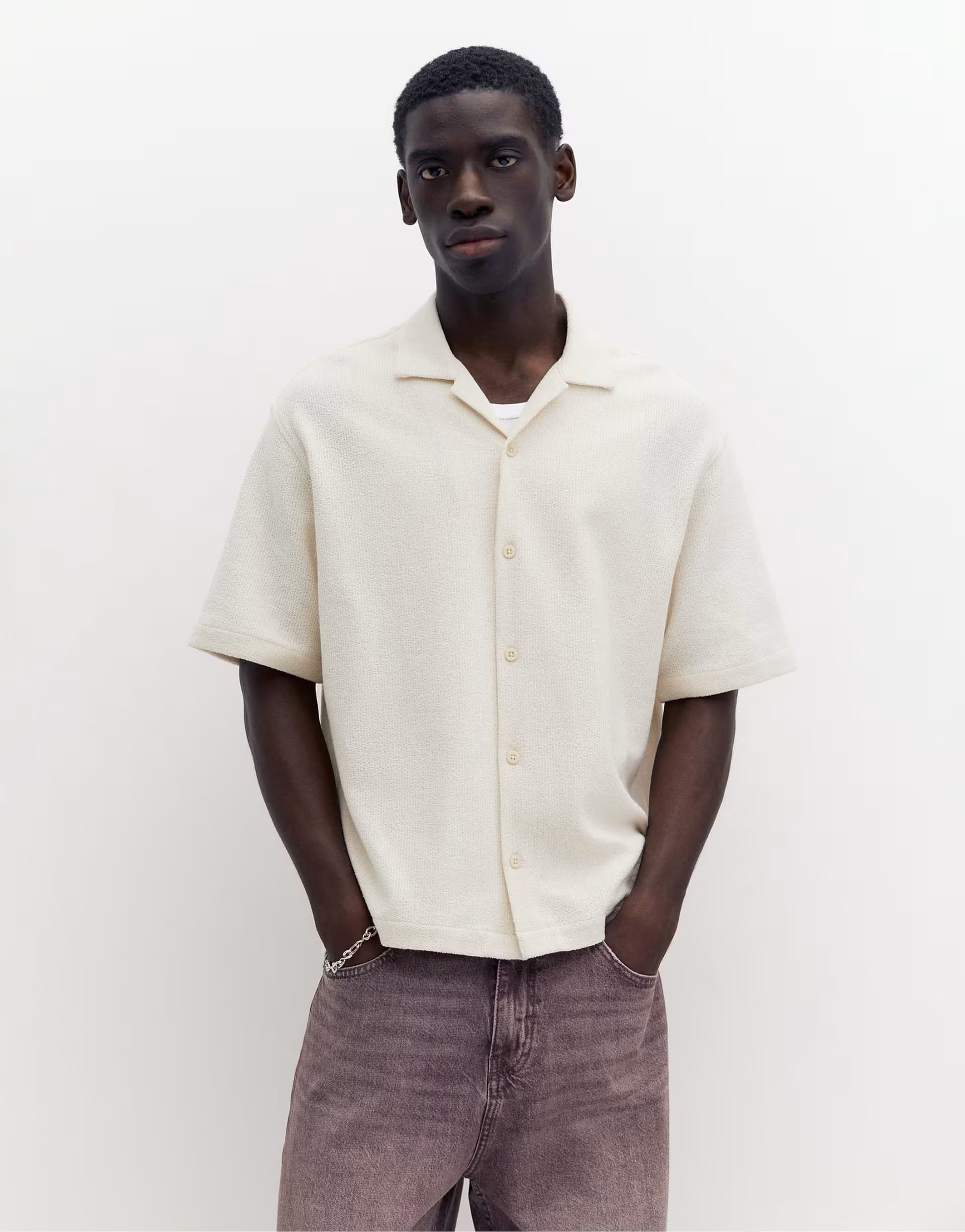 ASOS Pull&Bear Terrycloth short sleeve shirt in off white
