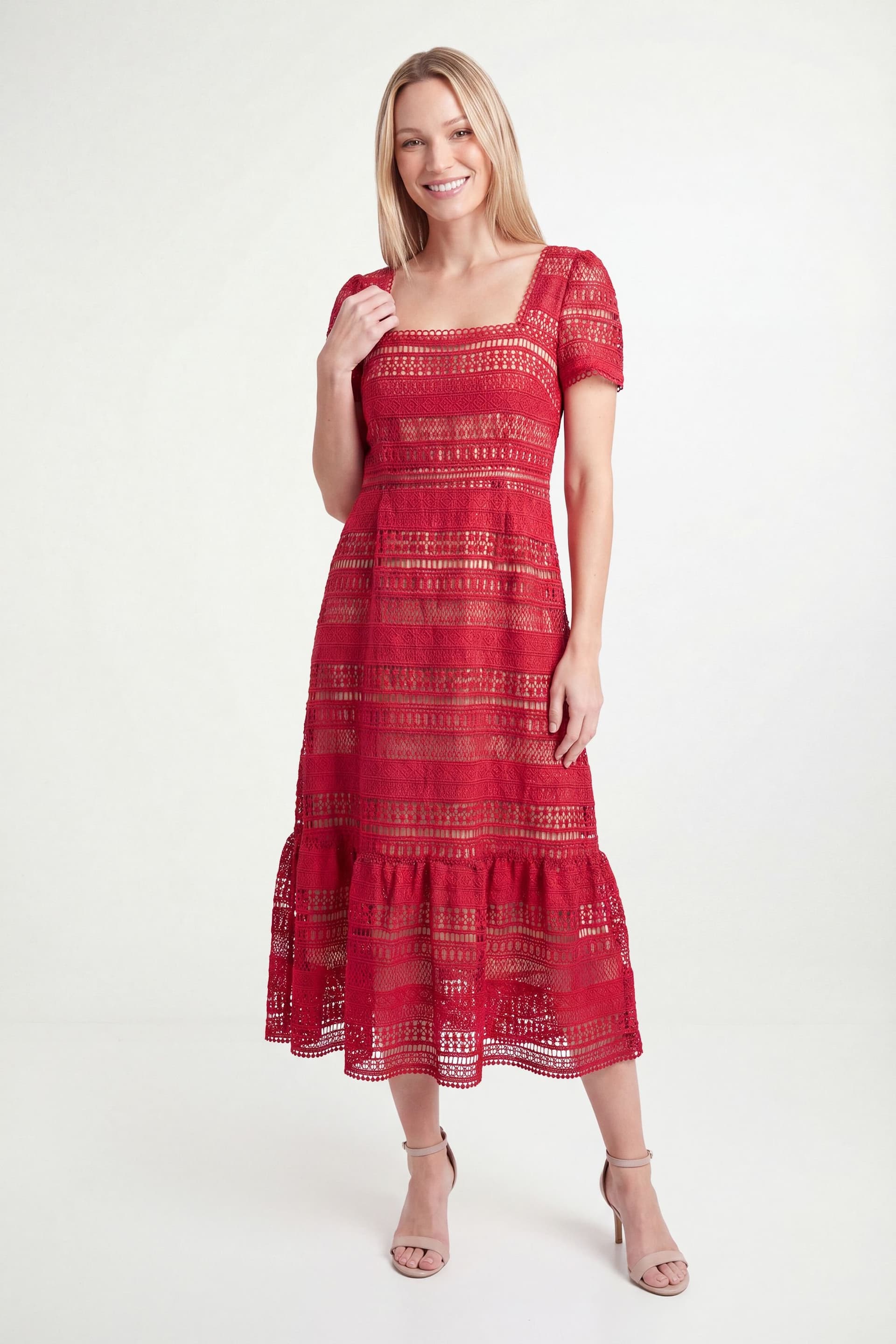 Wallis Wallis Women's Petite Lace Fit & Flare Midi Dress in Red