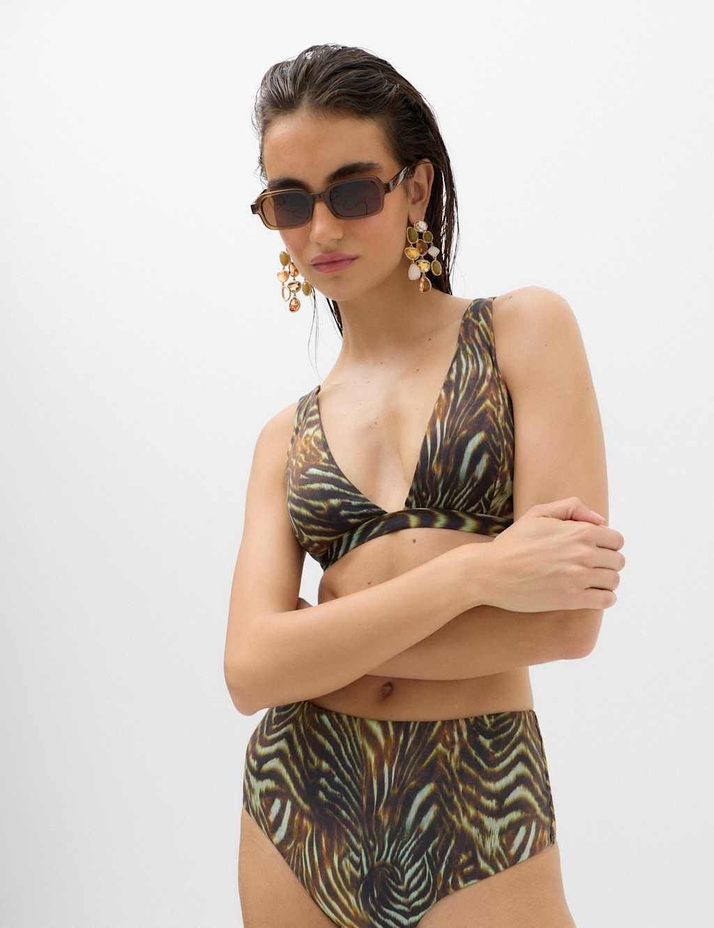 Marks & Spencer M&S Animal Print Padded Plunge Bikini Top Dark Green Mix