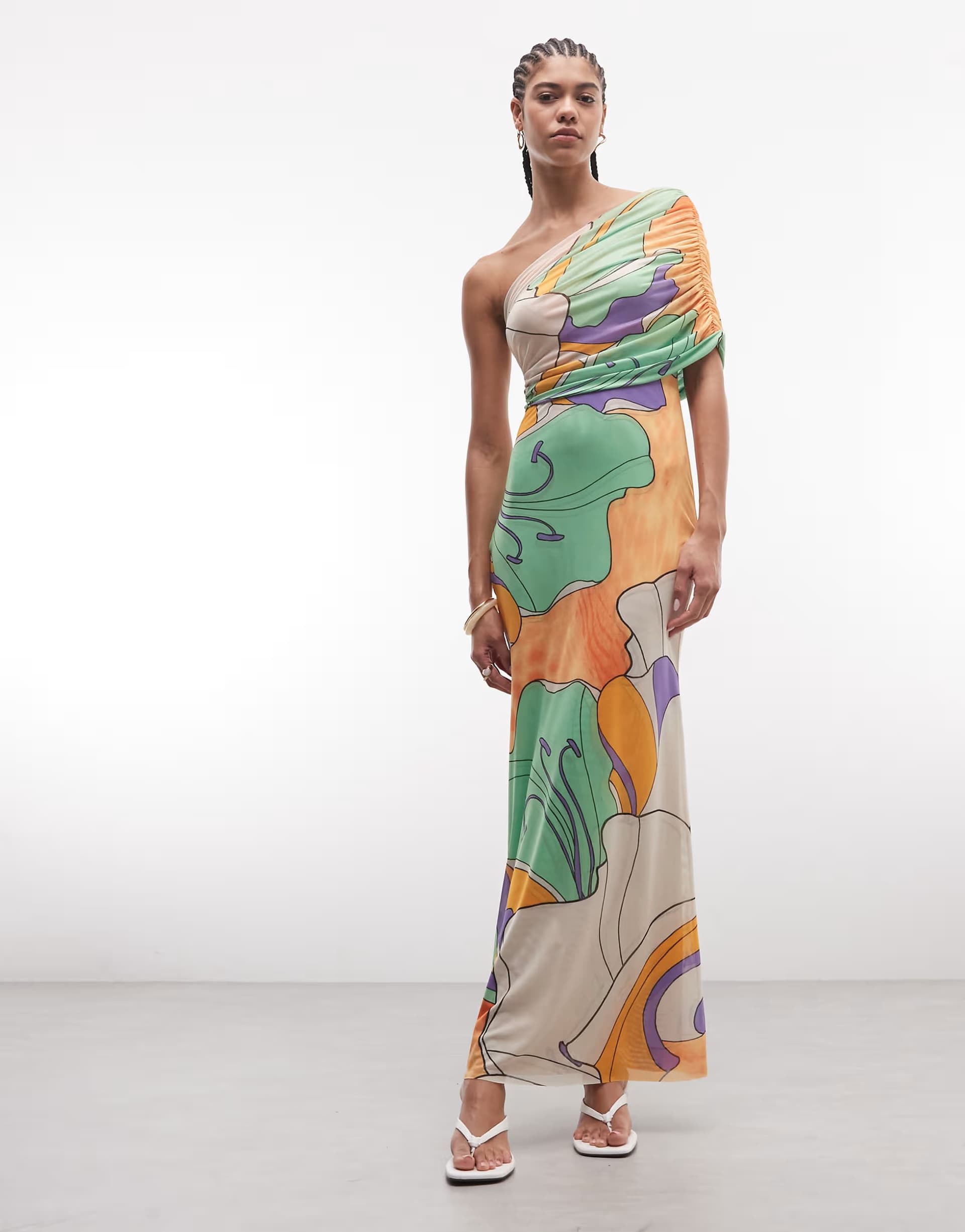 ASOS AFRM Mirabell one shoulder draped maxi dress in green floral