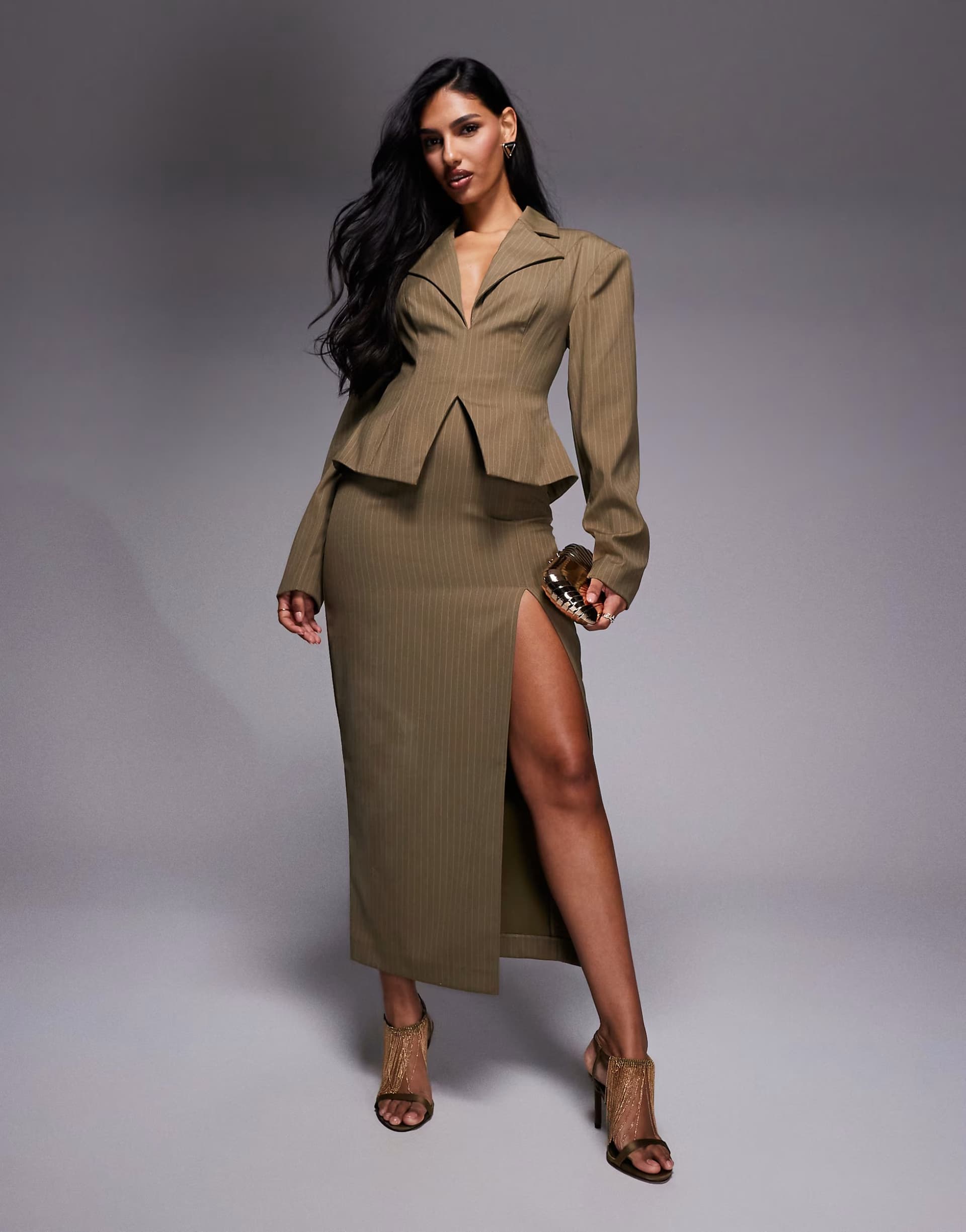 ASOS ASOS LUXE cinched blazer midi dress in khaki pinstripe