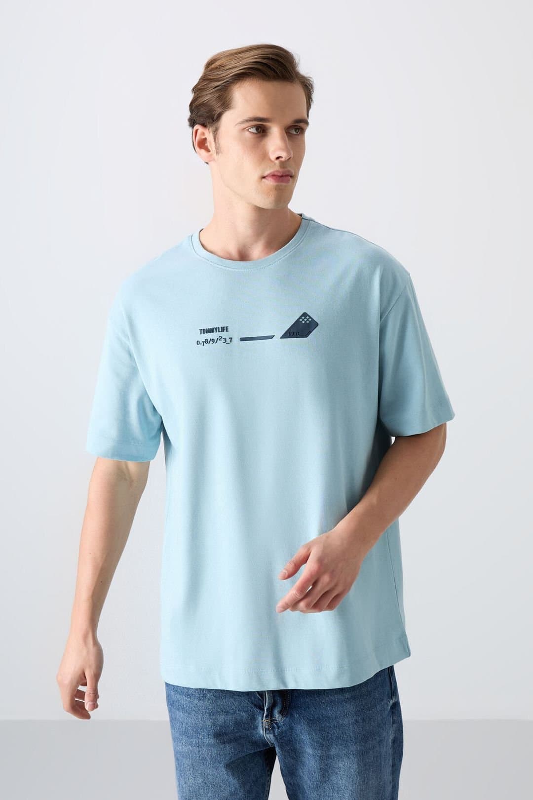 Tommy Life Tommy Life Men's Oversized Logo Crew Neck T-Shirt in Baby Blue