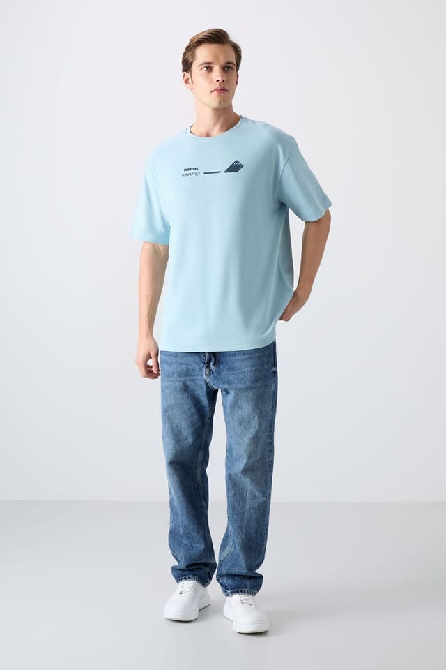 Tommy Life Tommy Life Men's Oversized Logo Crew Neck T-Shirt in Baby Blue - 2