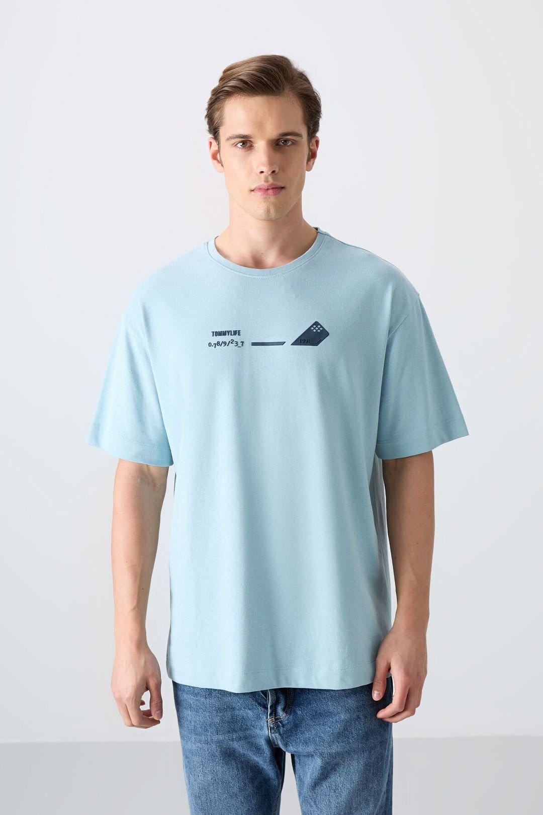 Tommy Life Tommy Life Men's Oversized Logo Crew Neck T-Shirt in Baby Blue - 4