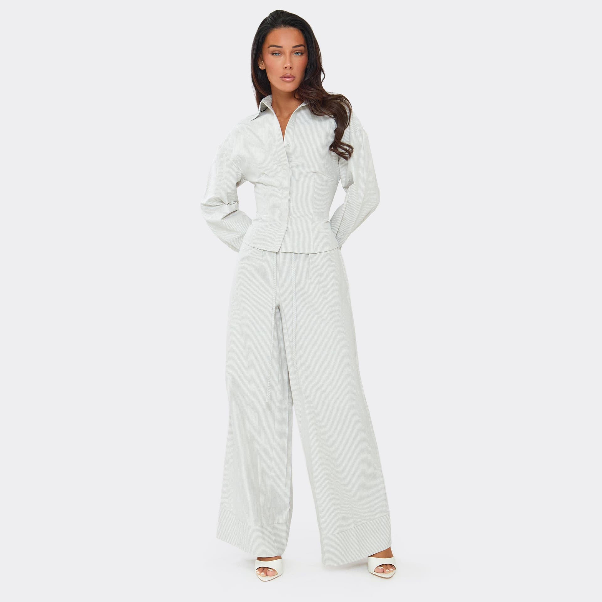 EGO Drawstring Waist Wide Leg Trousers In Stone Pinstripe., Women's Size UK 6
