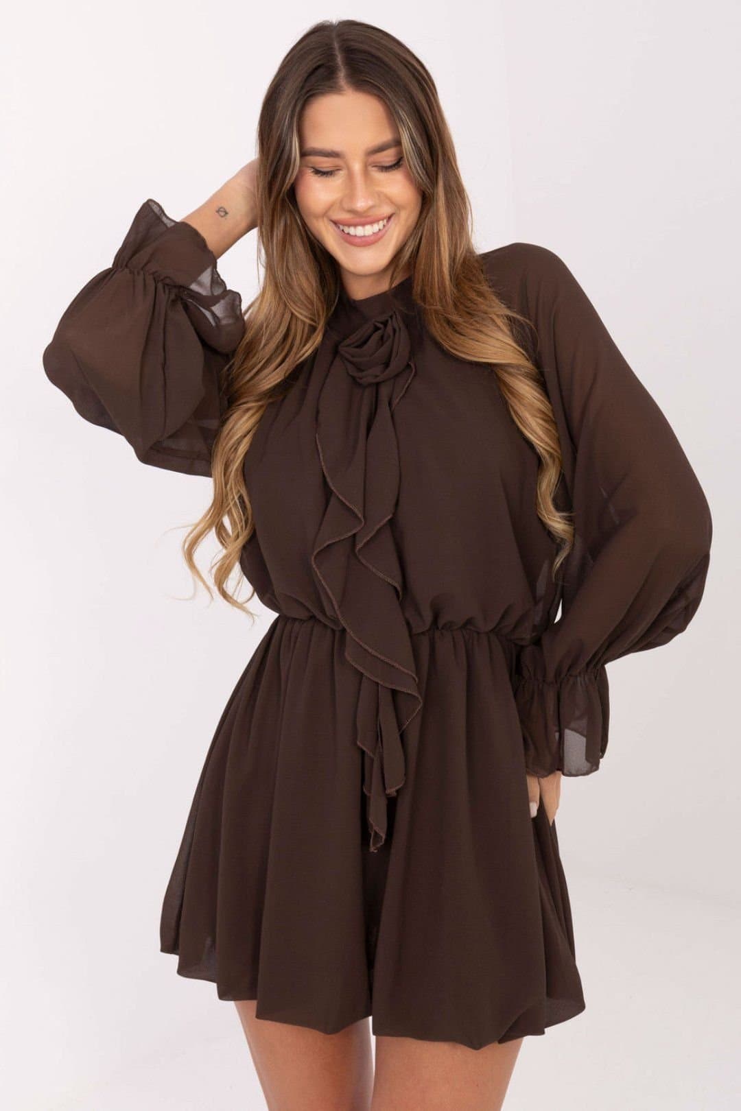 Love Lace Love Lace Women's Flared Mini Cocktail Dress with Ruffle Sleeves in Brown