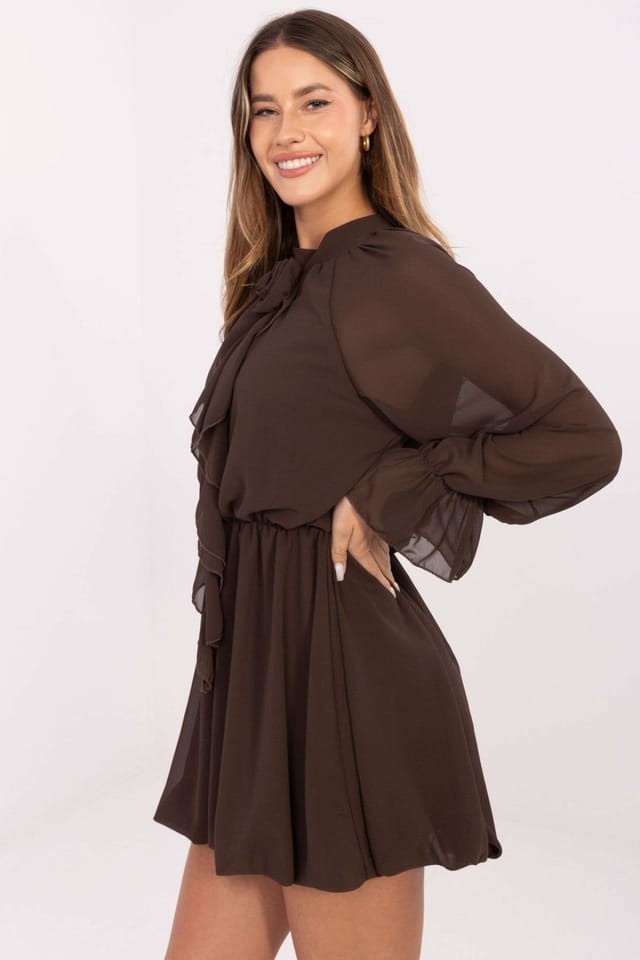 Love Lace Love Lace Women's Flared Mini Cocktail Dress with Ruffle Sleeves in Brown - 2