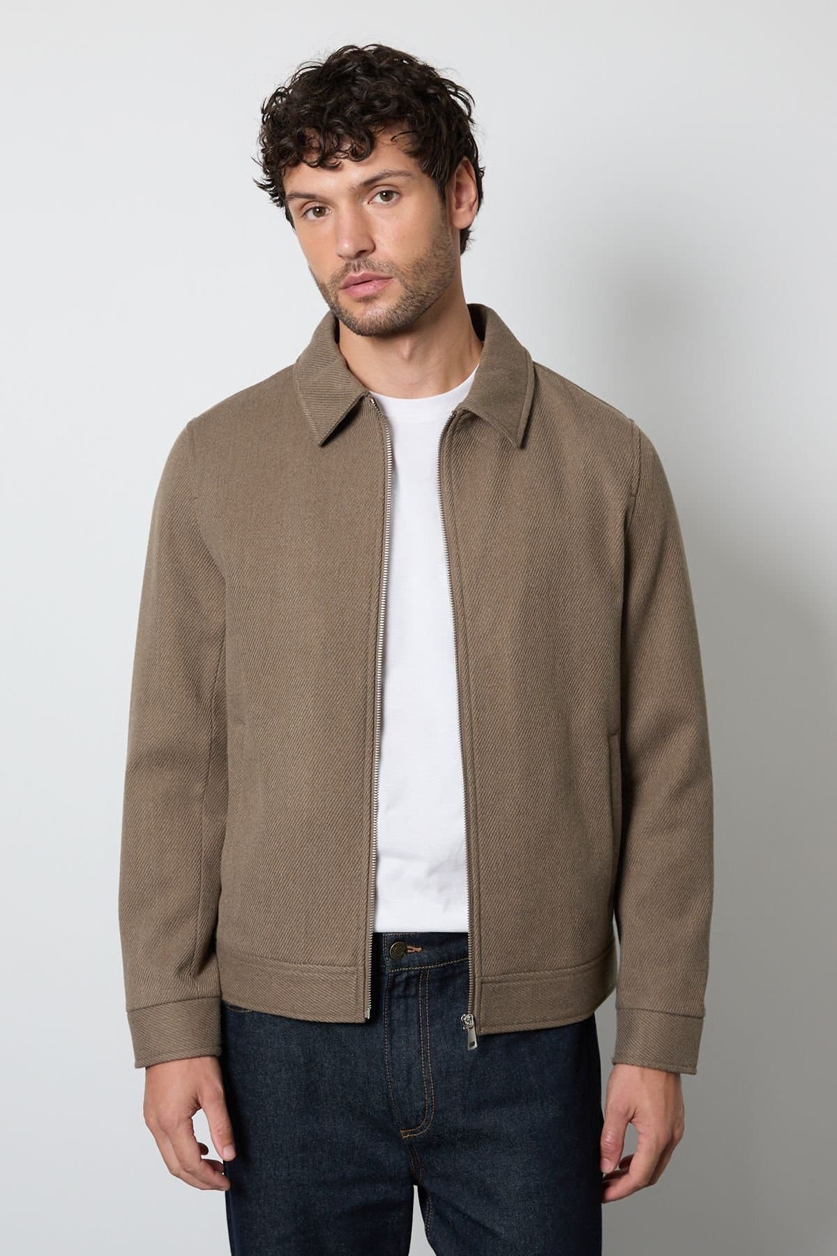 Burton Burton Men's Taupe Twill Wool Blend Harrington Coat in Neutral