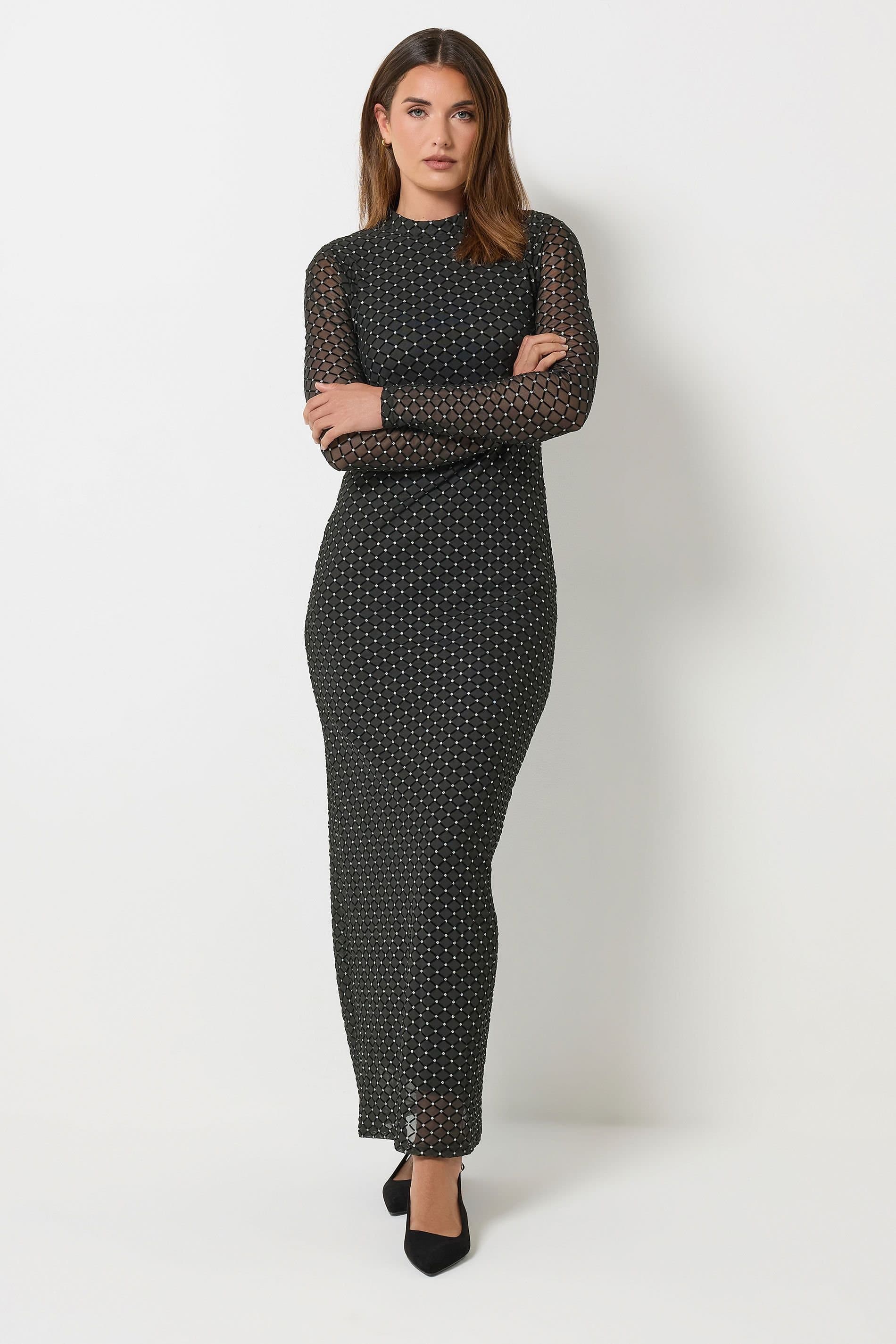 Long Tall Sally Long Tall Sally Women's Tall Glitter Lattice Mesh Maxi Dress in Black