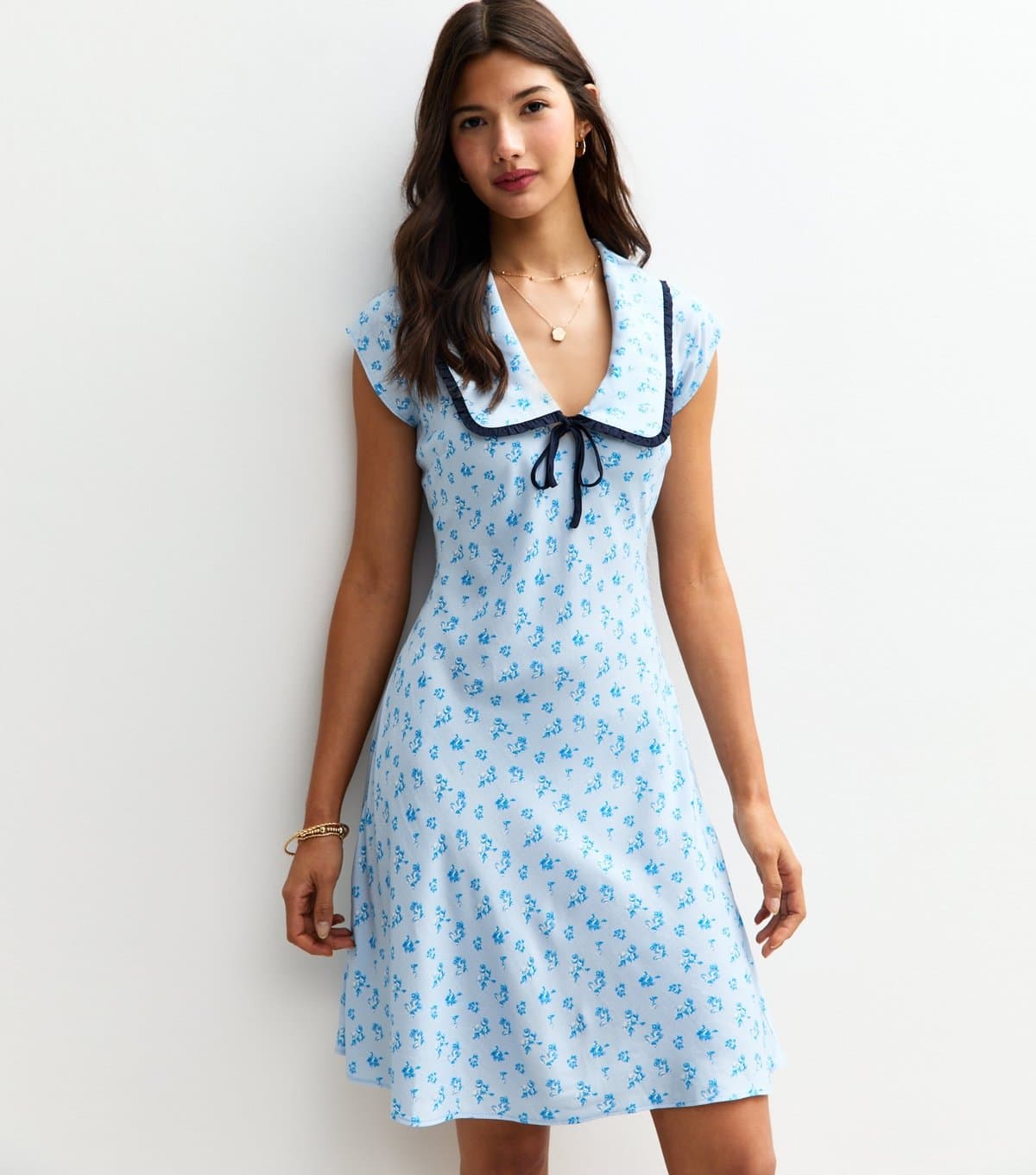 New Look Women's Light Blue Floral Print Collared Mini Dress New Look