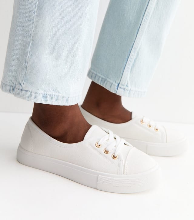 New Look Women's White Canvas Half Lace Up Trainers Vegan New Look - 2