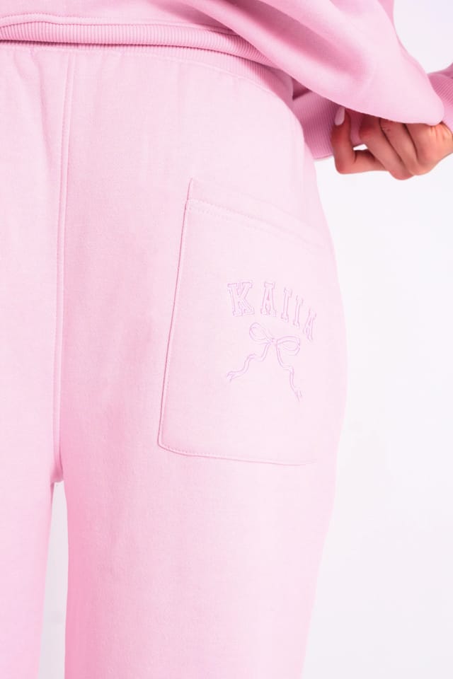 Kaiia Kaiia Bow Ribbed Waistband Wide Leg Joggers Baby Pink - 2