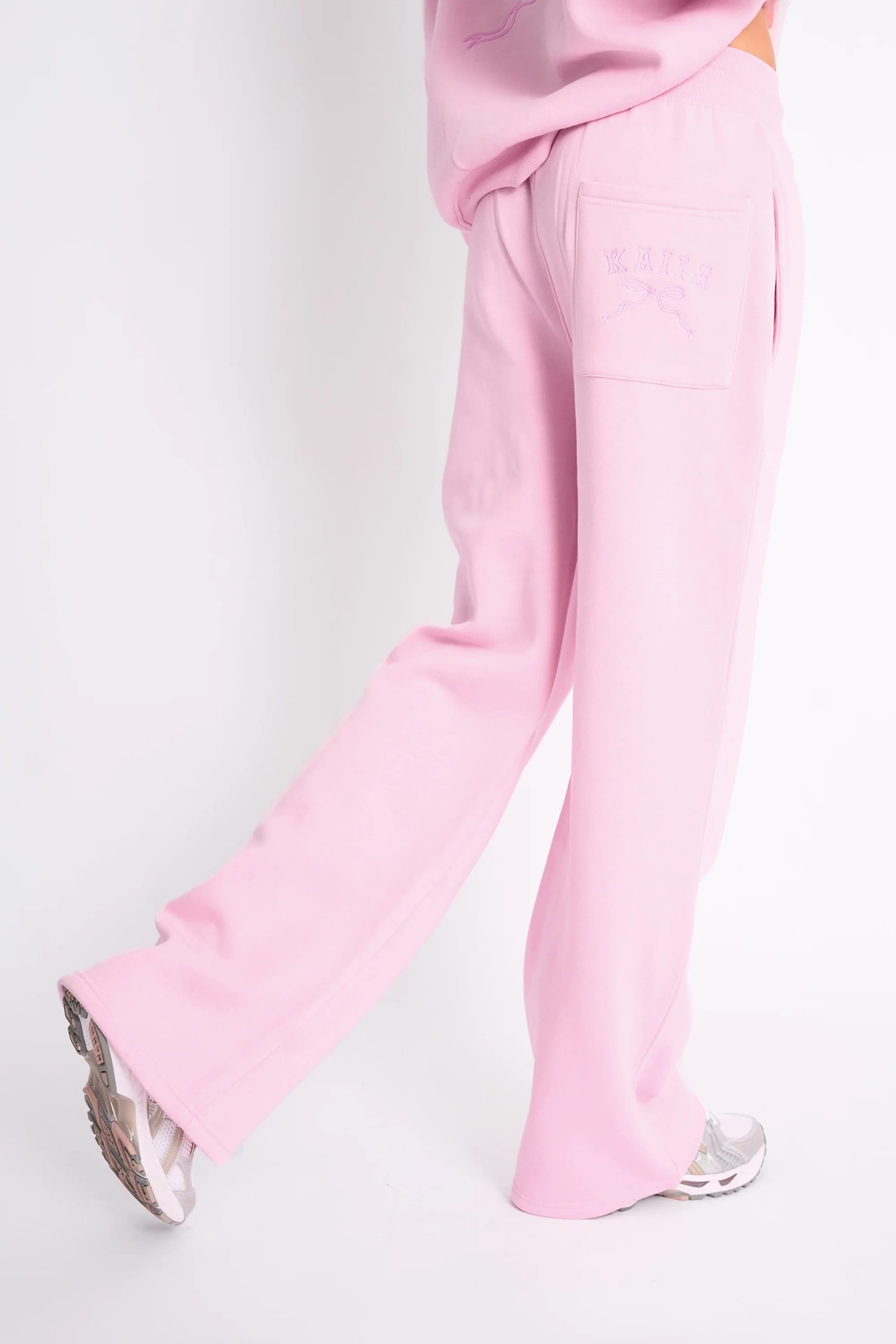 Kaiia Kaiia Bow Ribbed Waistband Wide Leg Joggers Baby Pink - 4