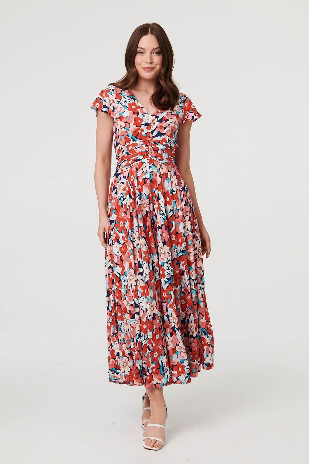 Izabel London Izabel London Women's Ruched Tie Back Cap Sleeve Maxi Dress in Orange