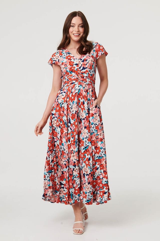 Izabel London Izabel London Women's Ruched Tie Back Cap Sleeve Maxi Dress in Orange - 2