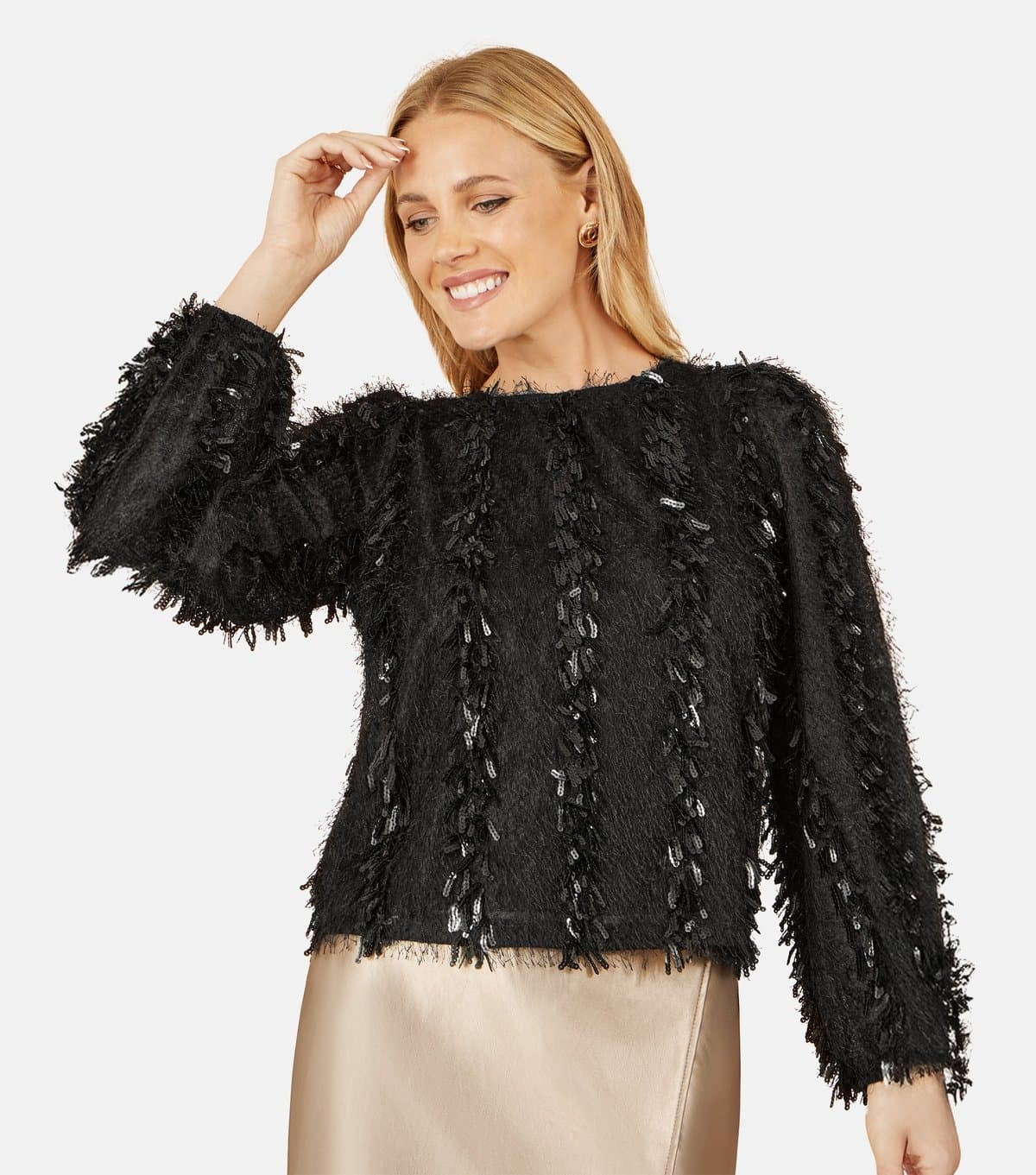 Yumi Women's Black Hanging Sequin Long Sleeve Top Yumi New Look