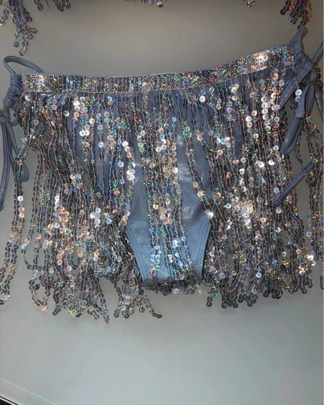 vinted Powder blue silver iridescent sequin sparkle glitter metallic bikini fringe festival skirt tassel