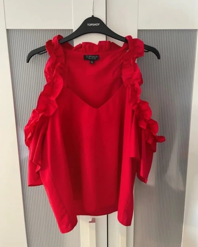 Topshop Topshop red off shoulder ruffle top size 10