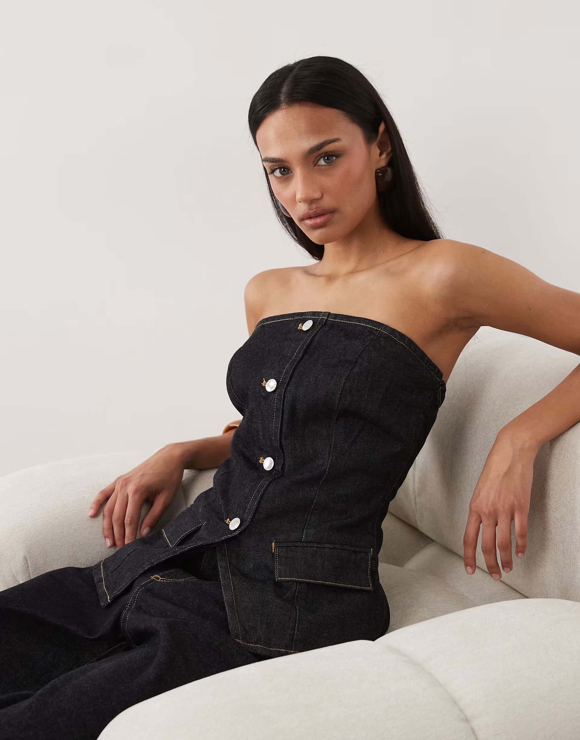 ASOS Mango Clemence 100% cotton button through bandeau top co-ord in indigo