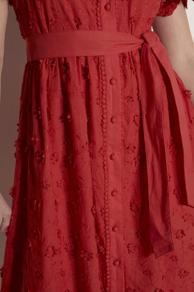 Apricot Apricot Women's Cotton Floral Embroidered Midi Dress in Red - 2