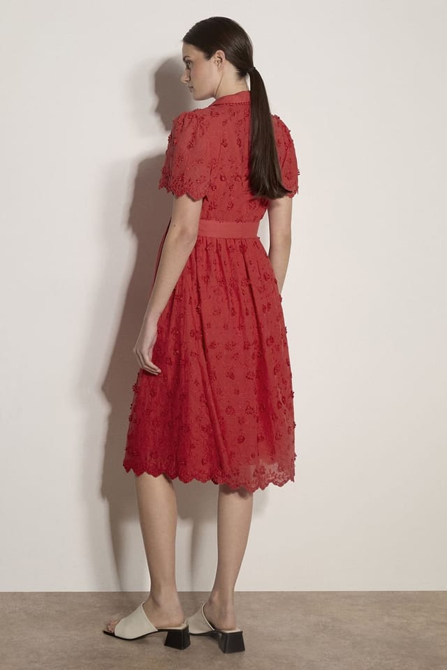 Apricot Apricot Women's Cotton Floral Embroidered Midi Dress in Red - 3