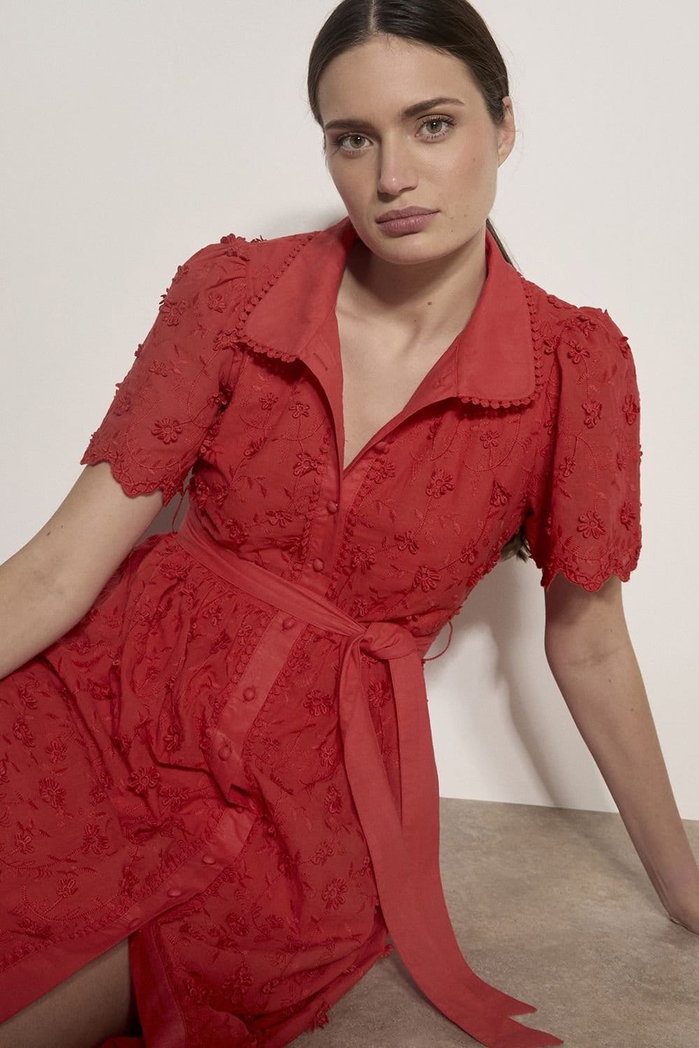 Apricot Apricot Women's Cotton Floral Embroidered Midi Dress in Red - 4