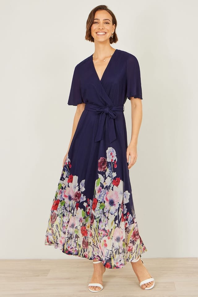 Yumi Yumi Women's Navy Mesh Wrap Midi Dress With Floral Hem Border - 2
