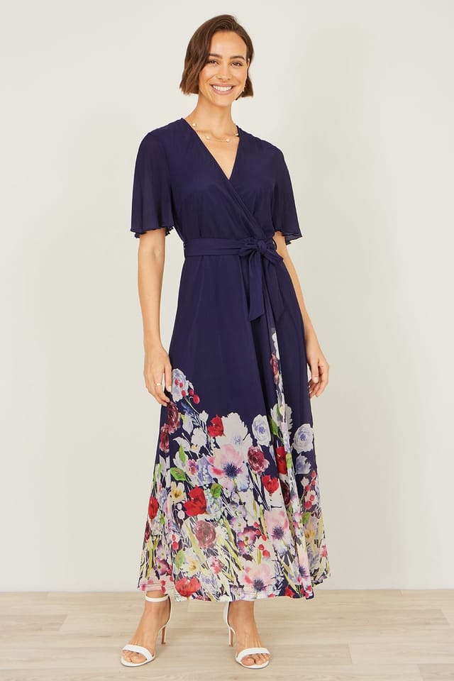 Yumi Yumi Women's Navy Mesh Wrap Midi Dress With Floral Hem Border - 3