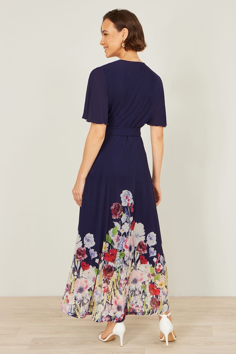 Yumi Yumi Women's Navy Mesh Wrap Midi Dress With Floral Hem Border - 4