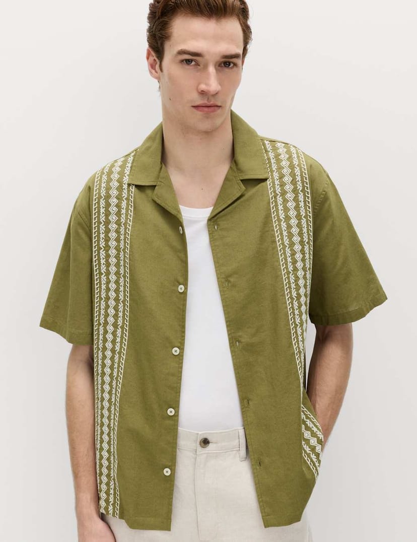 Marks & Spencer M&S Relaxed Fit Cotton Rich Short Sleeve Shirt Olive Mix - 1